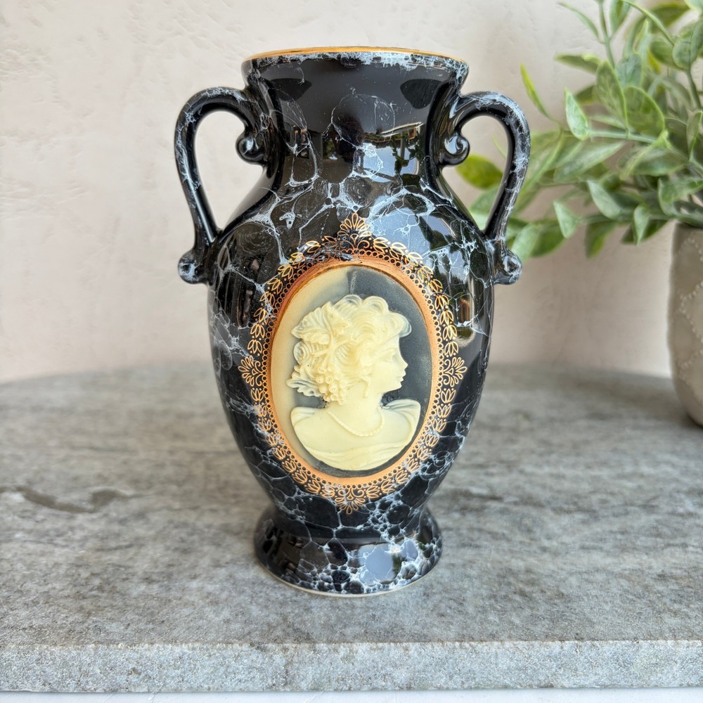 Vintage Japan Black Marbleized Cameo Bud Vase Gold Trim Handled Urn 5.5 Inch